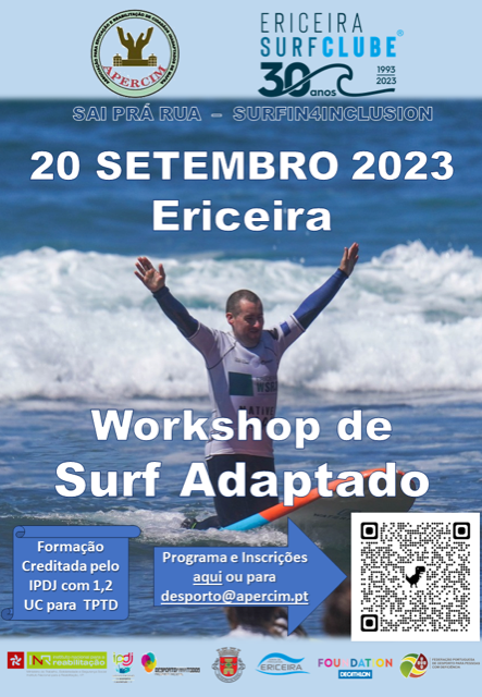 Cartaz do Workshop: Introdução ao Surf Adaptado organizado por a APERCIM e o Ericeira Surf Clube