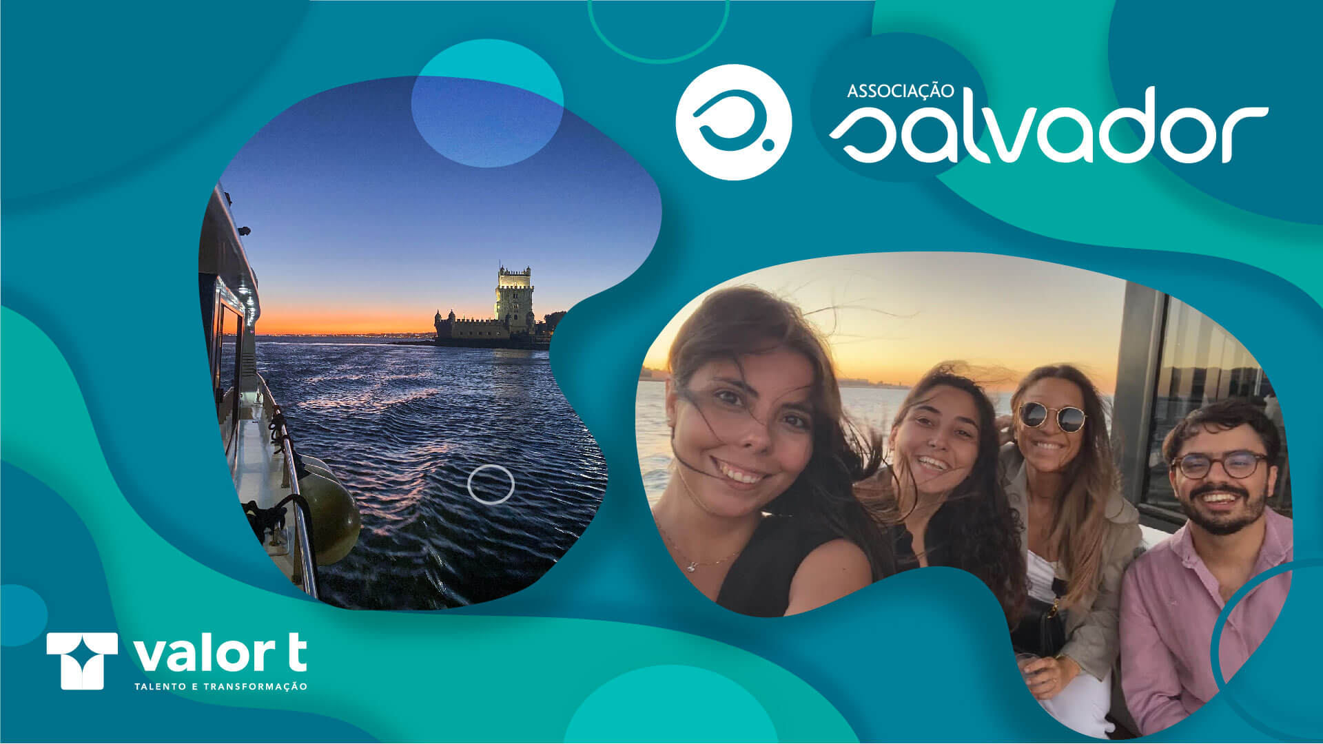 À esquerda o rio Tejo com a Torre de Belém ao fundo. À direita uma selfie com a Beatriz, a Cátia, a Mariana e o Manuel a bordo de um catamarã.